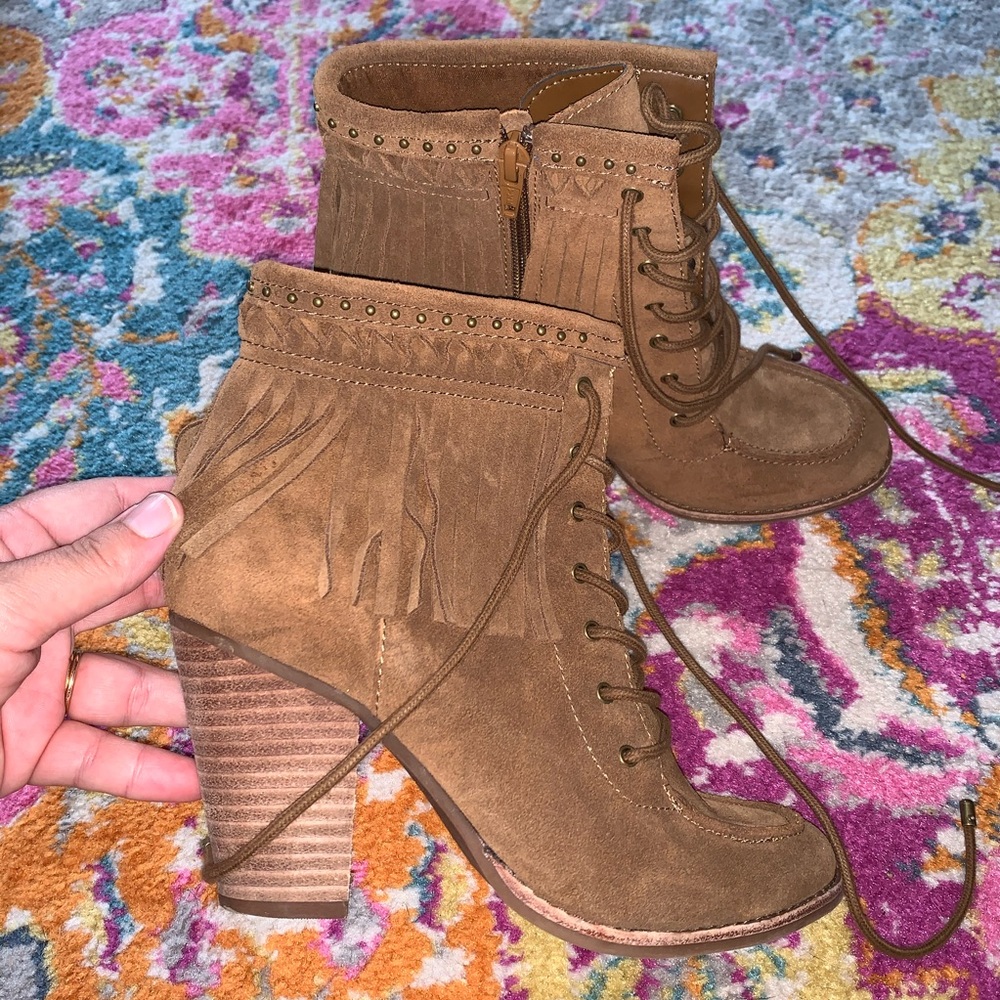 Gianni Bini Fringed Lace Up Ankle Boots Stack Heel